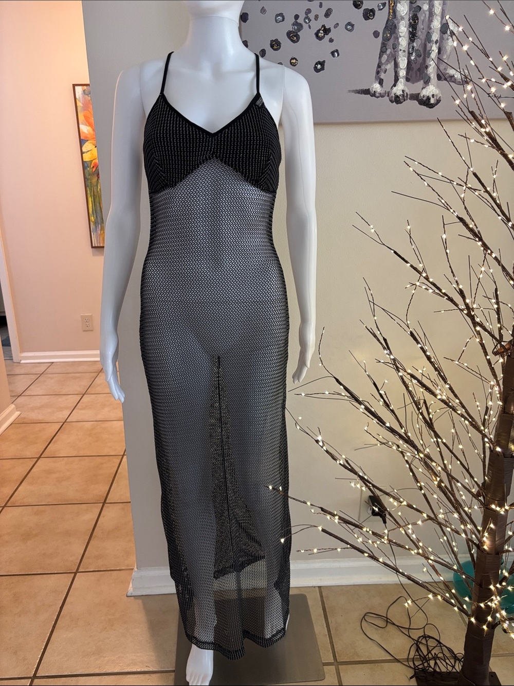 Vintage Versace Jeans Couture collection Black and Silver Mesh maxi dress